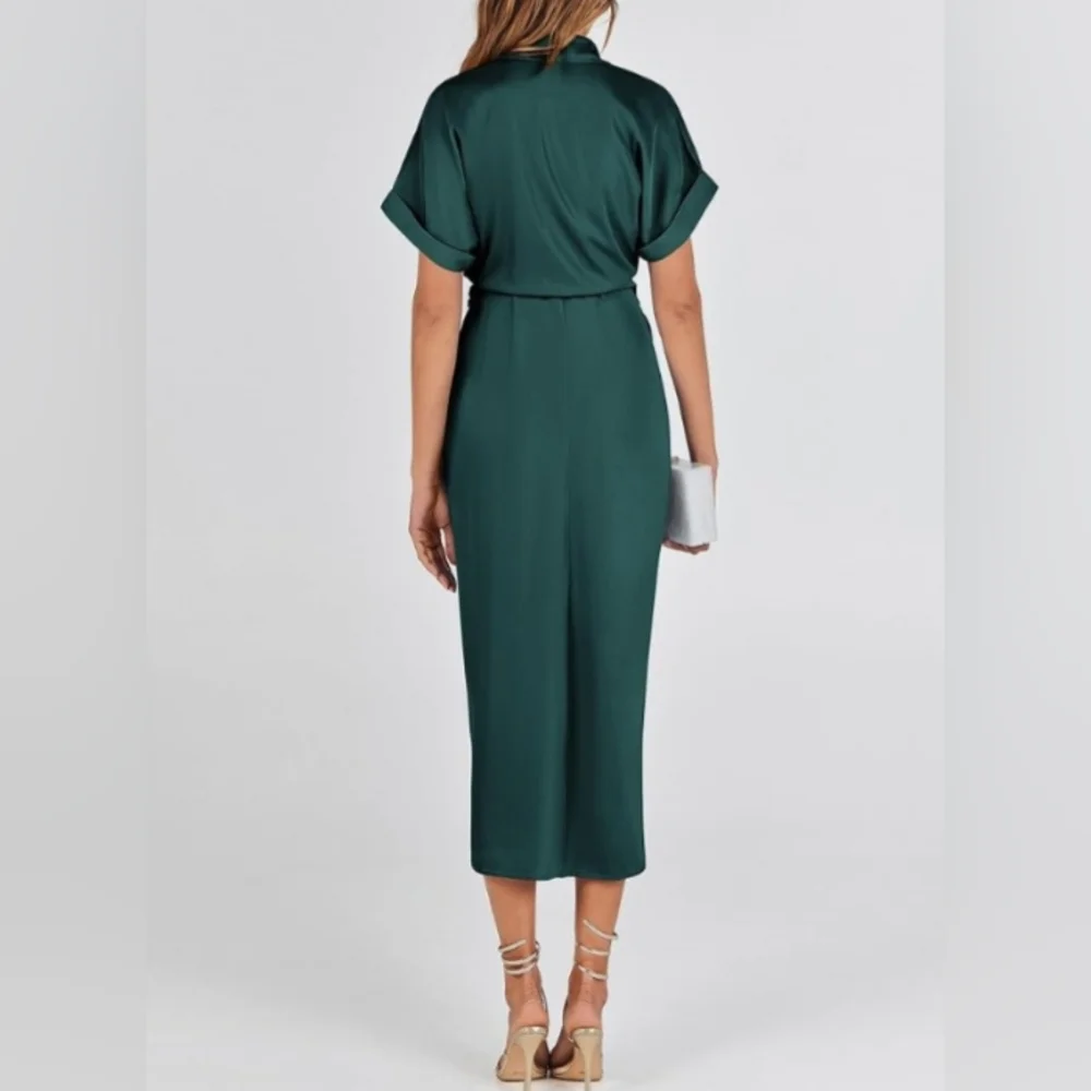 Elegant Green Stretch Satin Midi Shirt. Dress - Picture 2 of 6